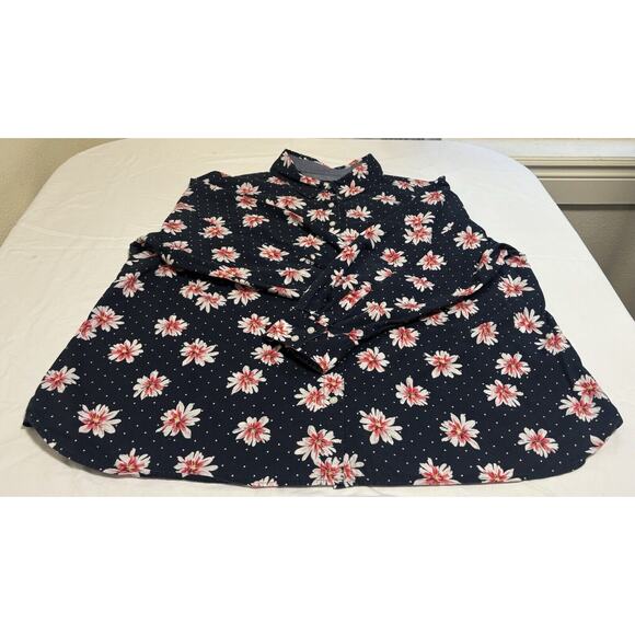 Tommy Hilfiger Womens 1X Button Down Blouse Navy Blue Floral Roll Tab Cotton - Picture 4 of 14